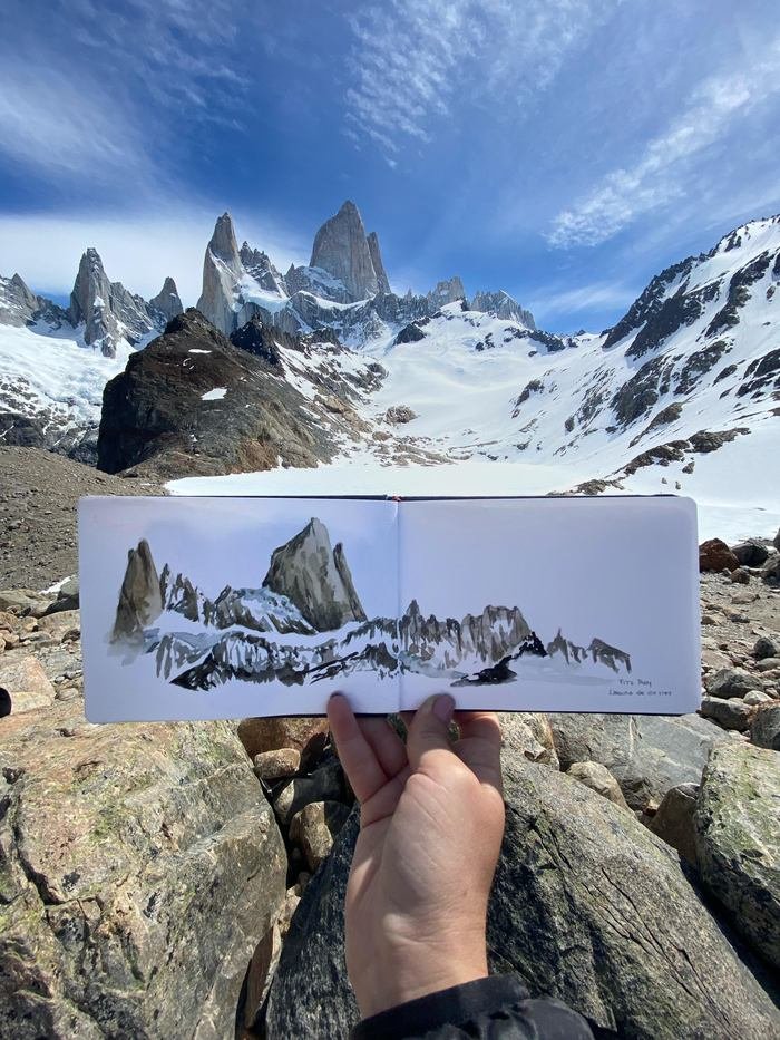 Sketchbook con el Fitz Roy en acuarela, sostenido frente a las agujas de roca nevadas