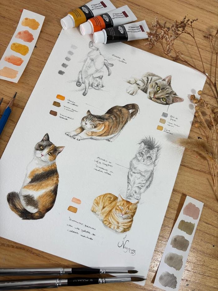 Gatos, acuarela de 20 × 25 cm